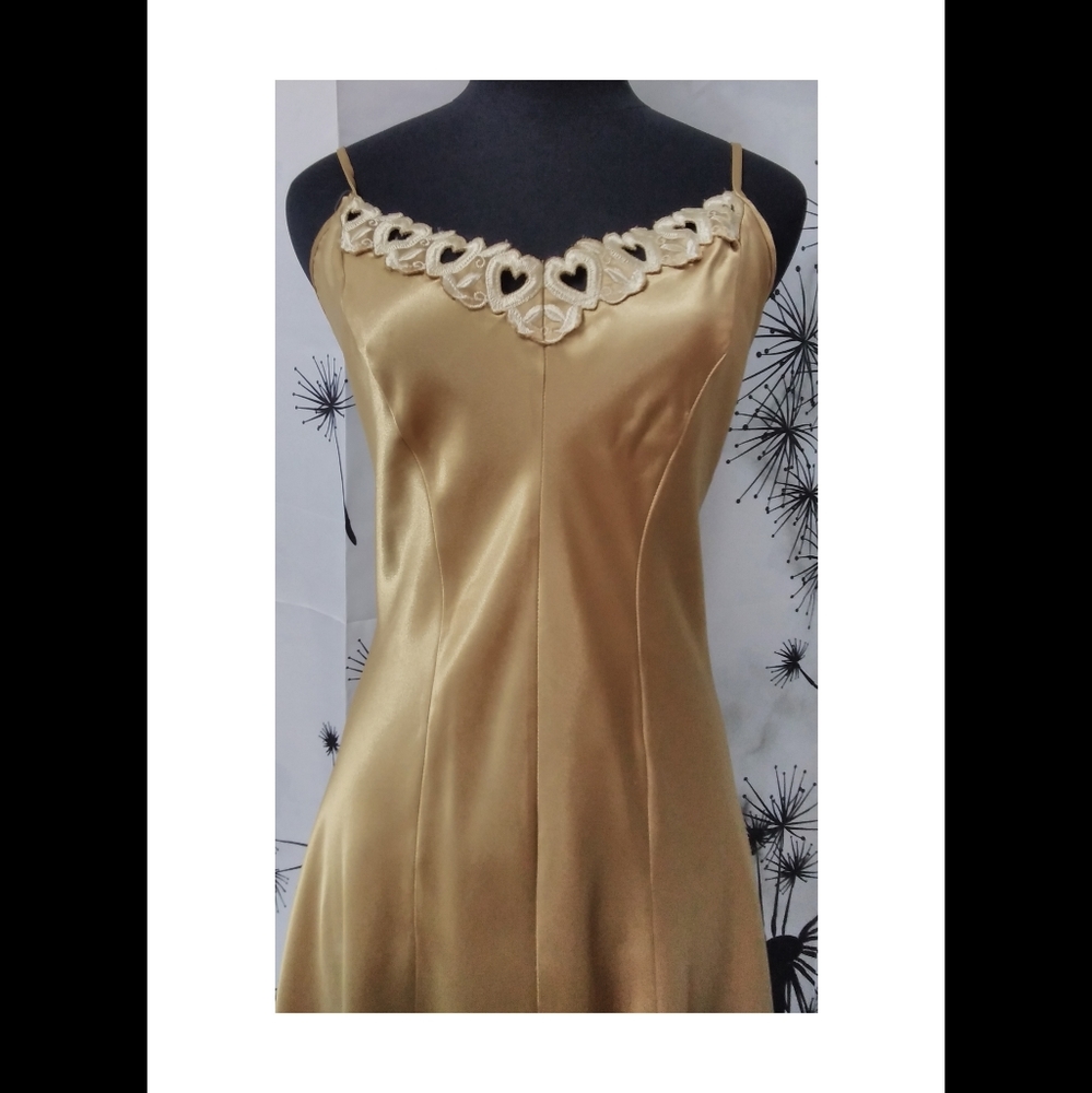 Vintage 90s Le Boudoir Gold Satin Heart Lace Maxi Slip Dress Nightgown Size M